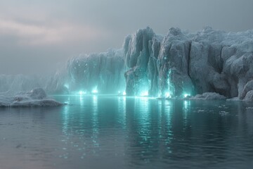 Glowing icebergs illuminate isolated arctic habitat nature scene serene environment aerial view conceptual art