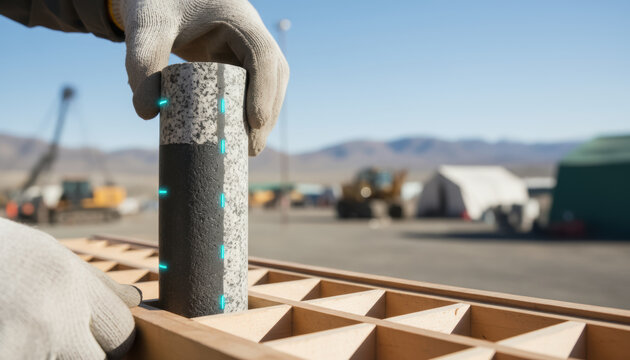 Mining core sample granite cylinder worker hand glove outdoor site gold exploration assay geology precision measurement drill rig