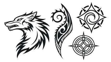 Fototapeta premium Tribal Graphic Collection featuring Wolf Head and Geometric Celtic Symbols