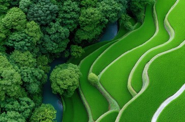 aerial view of rice fields in the green terraced landscape, creating an endless sea of emerald hues