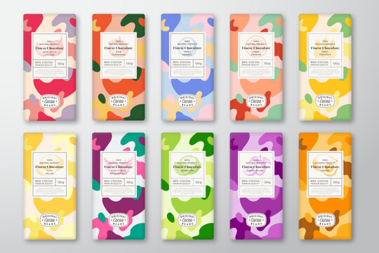 Chocolate Label Template Set. Abstract Shapes Vector Packaging Design Layout with Realistic Shadows Hand Drawn Fruits Silhouette and Colorful Camouflage Pattern Backgrounds Collection Isolated