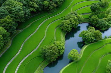 aerial view of rice fields in the green terraced landscape, creating an endless sea of emerald hues