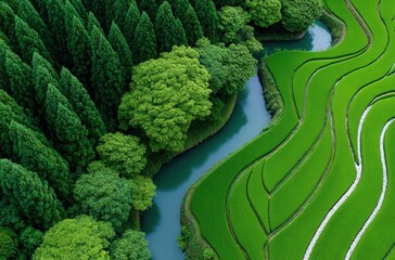 aerial view of rice fields in the green terraced landscape, creating an endless sea of emerald hues