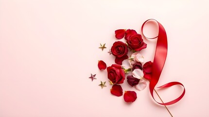Elegant arrangement of vibrant red roses tied with a silky red ribbon, scattered petals and golden stars on a soft pink background. Perfect for Valentine's Day wallpapers or romantic designs.