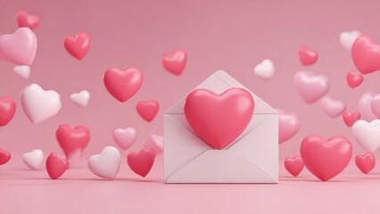 3D love letter concept. Pink heart coming out of a white envelope surrounded by floating pastel hearts on a pink background. Ideal for Valentine's Day, romance, or greeting cards.