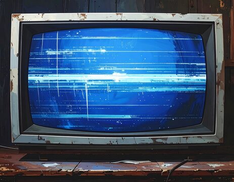 An old, boxy TV displaying a snowy, electric blue screen sits on a worn wooden surface against paneling