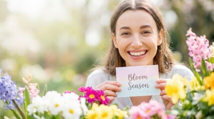 Fototapeta premium Celebrating bloom season a joyful woman in a colorful flower garden nature setting capturing the essence of springtime close-up viewpoint on happiness