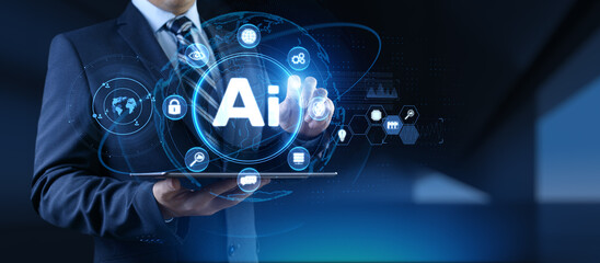 Artificial Intelligence Technology and Digital Transformation Interface Projected on Virtual Screen.