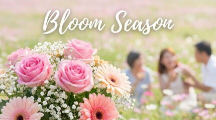 Celebrate bloom season with vibrant flowers and joyful gatherings in nature's splendor captured in a lively outdoor setting emphasizing connection and beauty