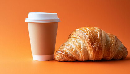 Coffee in an eco friendly paper cup an almond croissant on a light wooden and orange backdrop ideal for fast food ads with copy space