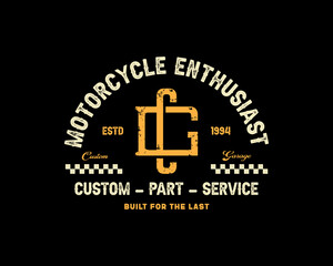 Fototapeta premium Vintage Motorcycle Enthusiast Emblem with Custom Part Service Te