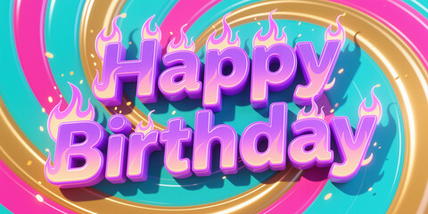 Fototapeta premium Vibrant digital illustration for birthday, featuring purple text with flames on a swirling teal, pink, and gold background, exuding a festive and playful style.