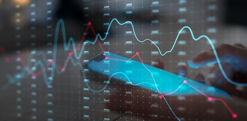 Financial Data Visualization and Market Analytics Interface Projected on Virtual Screen.