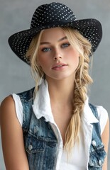 a beautiful blonde woman wearing a black hat, a white top, and a denim vest with necklaces and bracelets, posing in front of a grey polka dot background