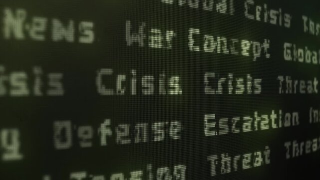 Perspective View of Animated Global Conflict Keywords on Pixelated CRT Screen, Military Tension and World News Concept, Looping Editorial B-Roll