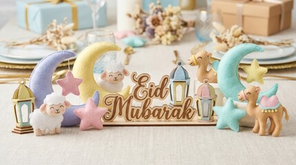 Eid mubarak celebration decorations home gathering festive content cozy environment aesthetic viewpoint islamic holiday concept for memorable family moments