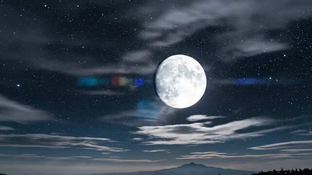 Stunning timelapse of a full bright moon rising in a starry night sky with gentle clouds and natural light effects.