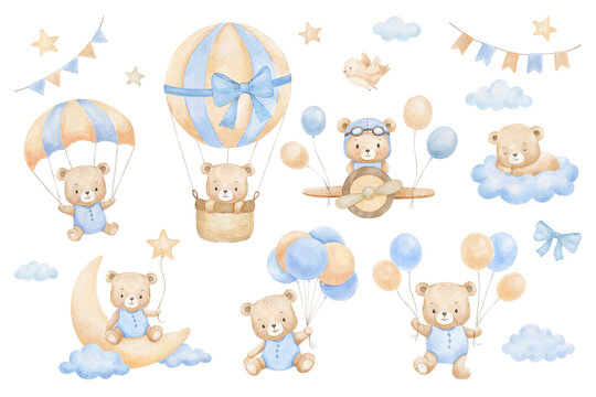 Watercolour cute bear character with parachute, hot air balloon isolated on white background. Baby animal sitting on moon with clouds for boy birthday cards, nursery decor