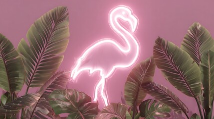 Pink neon flamingo sign surrounded by large tropical leaves on a pink Photo background