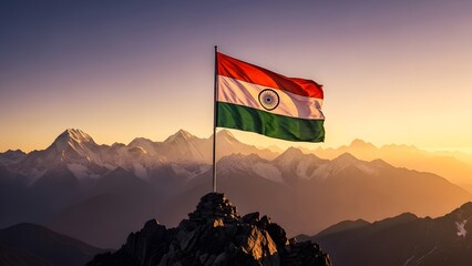India republic day celebrations with indian flag waving high on mountain peak at sunset