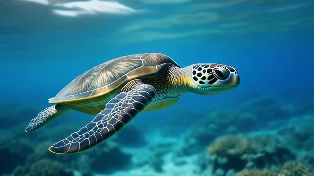 Majestic sea turtle swimming peacefully underwater in the clear blue ocean.