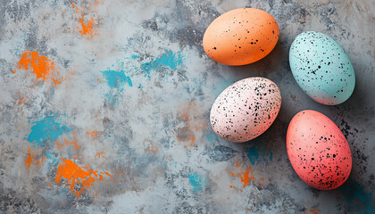 Composition featuring futuristic Easter eggs on a textured stone background