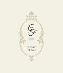 Label in classic design. Stylized leaves and vases.