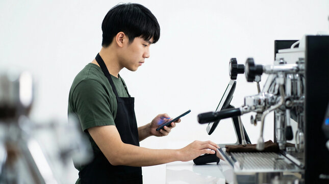 Young barista using smartphone and tablet at coffee machine for order management - Powered by Adobe