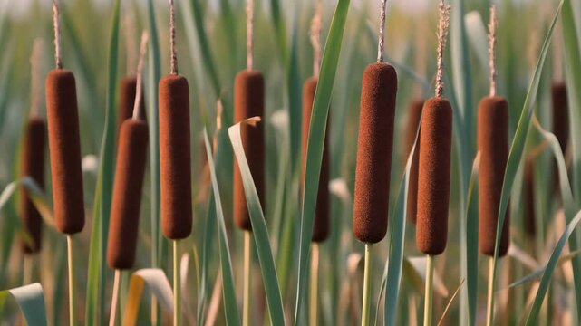 Close-up view of brown cattail plants swaying gently in the summer wetland breeze.