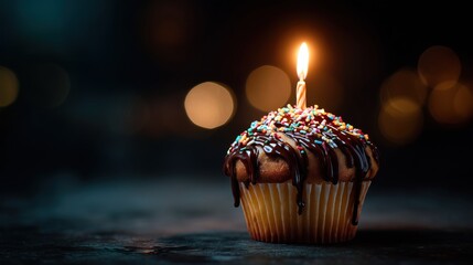 Birthday Cupcake with Lit Candle, Chocolate Drizzle, and Colorful Sprinkles on Dark Background with Bokeh Lights