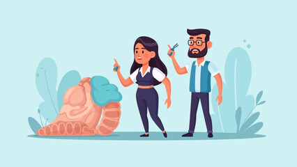 Illustration of a man and woman discussing beside a large seashell in a serene environment