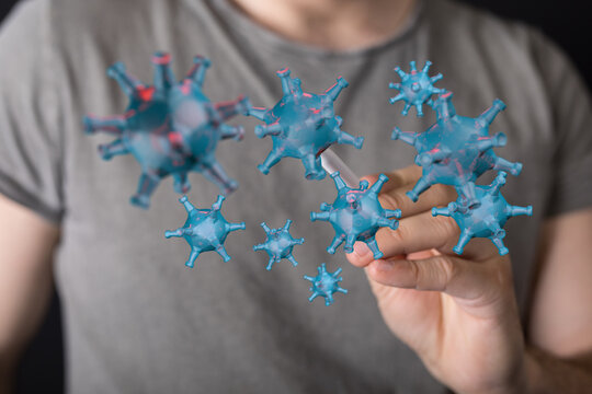 3D render illustration featuring a hand interacting with digital coronavirus cells. Perfect for medical, healt - Powered by Adobe