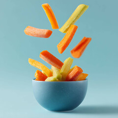 Carrot and bell pepper sticks falling into bowl, healthy fresh vegetable snack concept
