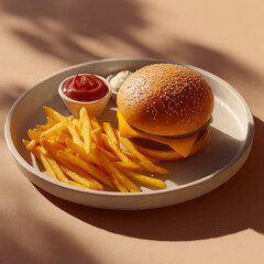 Burger with fries on a plate, golden fries texture, delicious fast food meal