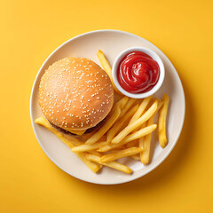 Burger with fries on a plate, golden fries texture, delicious fast food meal