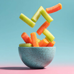 Carrot and bell pepper sticks falling into bowl, healthy fresh vegetable snack concept
