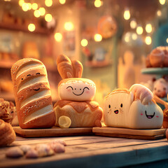 Cartoon bakery scene with smiling bread and pastries, cheerful cute illustration