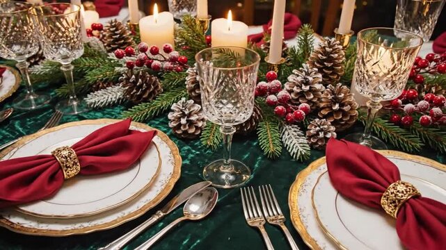 Elegant holiday dining table setting with red accents and candles  
