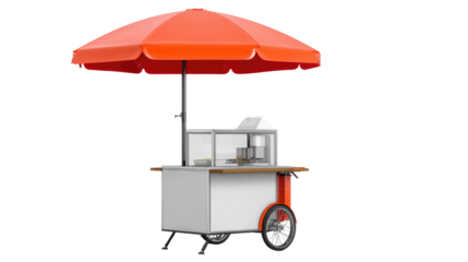 Food Cart with Orange Umbrella on Isolated Background