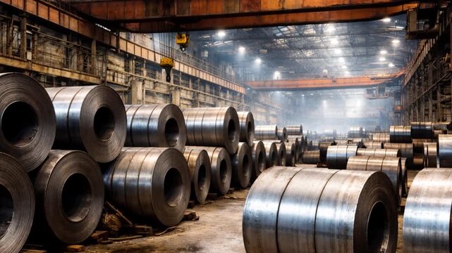 Rolls of galvanized steel sheet inside the factory or warehouse.

