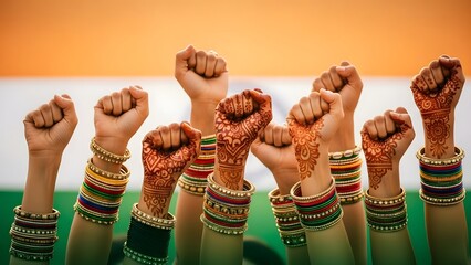 India republic day celebrations with raised fists and traditional indian attire