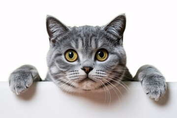 A curious British shorthair cat with yellow eyes peeking over a white edge looking directly at the camera with alert expression