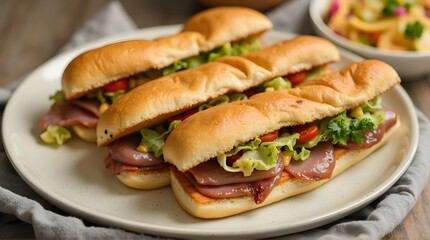 submarine sandwich served on a white round plate