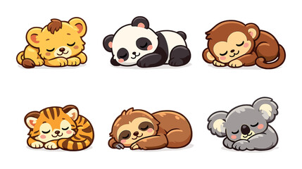 Obraz premium Cute sleeping animals: cartoon lion, panda, monkey, tiger, sloth, koala illustration