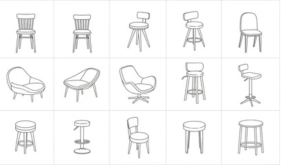 Furniture Icons in Minimalist Line Art Style with Gray Color on White Background for Interior Design