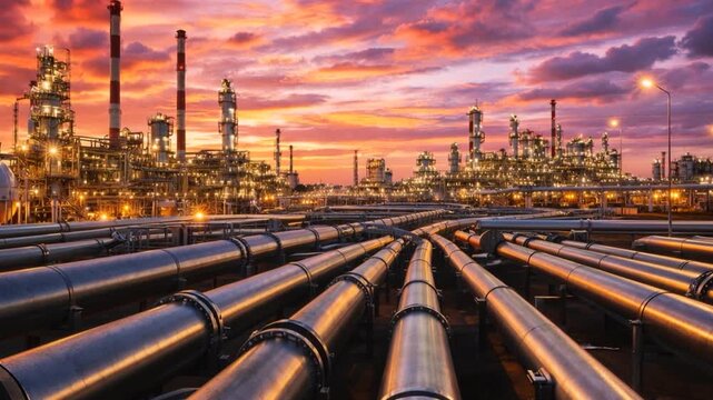 Industry pipeline transport petrochemical, gas and oil processing, furnace factory line. Pipelines leading to an oil refinery. 
