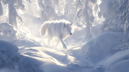 Majestic white wolf strolls through a sunlit winter forest,  illuminated by ethereal morning light.