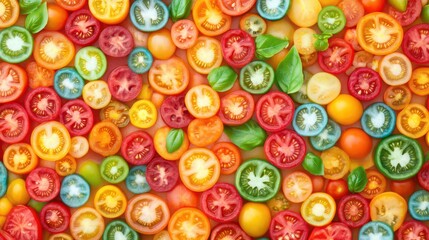 Tomato Symphony: A vibrant mosaic of freshly sliced tomatoes, showcasing a spectrum of colors and varieties, arranged in a dazzling display of culinary freshness.