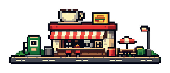 Pixel art cafe scene with coffee cup and burger sign