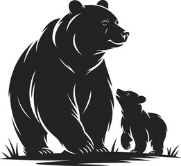 Mother bear and cub silhouette illustration, wildlife family bond, animal motherhood concept, forest nature scene, black white vector art design © Miss